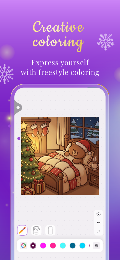 Adult Coloring Book - Artasy - Una interfaz móvil para Artasy que muestra una página para colorear festiva con un oso en una cama acogedora y opciones de herramientas creativas