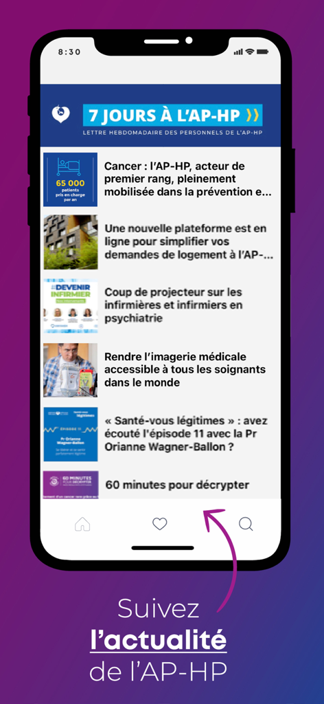 Interface of the AP-HP Pro app displaying a weekly news feed for hospital staff