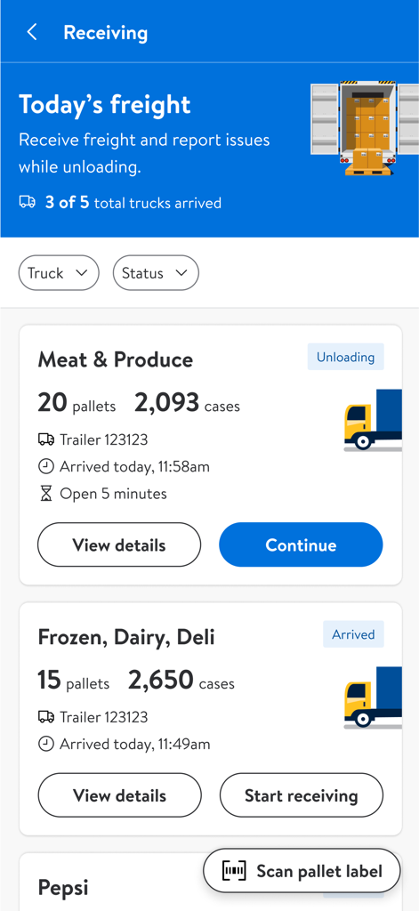 Der MyWalmart-App-Empfangsbildschirm zeigt eingehende Fracht, LKW-Nummern und den Entladestatus für Fleisch und Gemüse an.