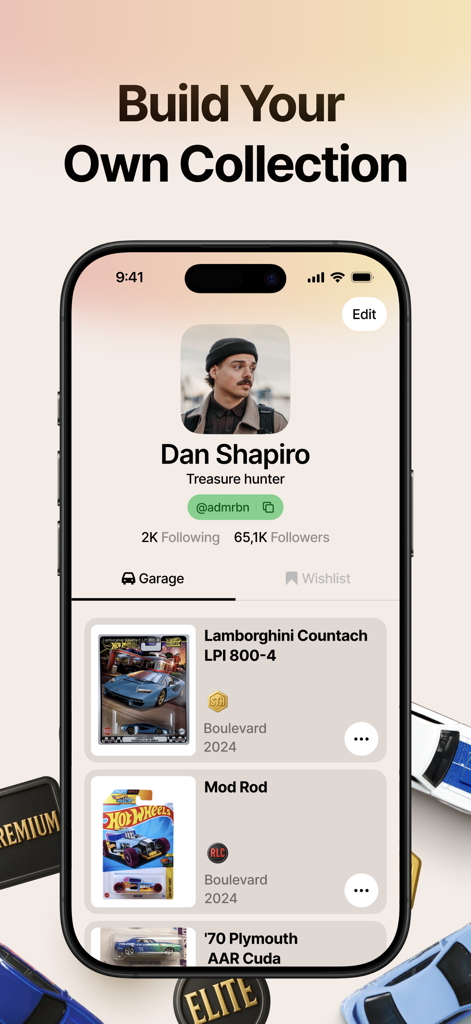 Die Carz: Hot Wheels Tracking - User profile in Die Carz app displaying a personal collection of Hot Wheels cars in a digital garage.