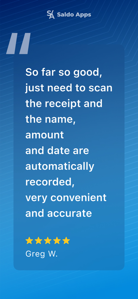 Five star review of Receipt Scanner app by Greg W highlighting accurate automatic expense tracking