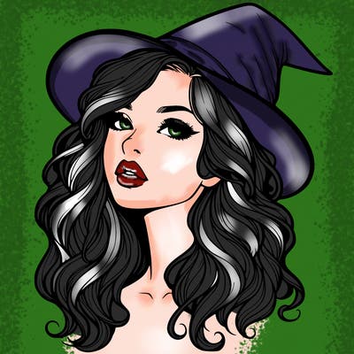 realistic witch girl with wavy hair and lips