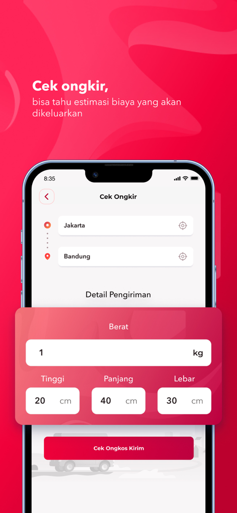 Sicepat Ekspres app screen showing a shipping cost calculator with package weight and dimensions fields
