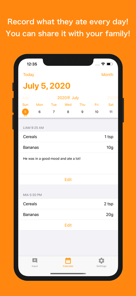 Screenshot of the Solid Food Diary app calendar showing daily baby food intake and notes for multiple children.