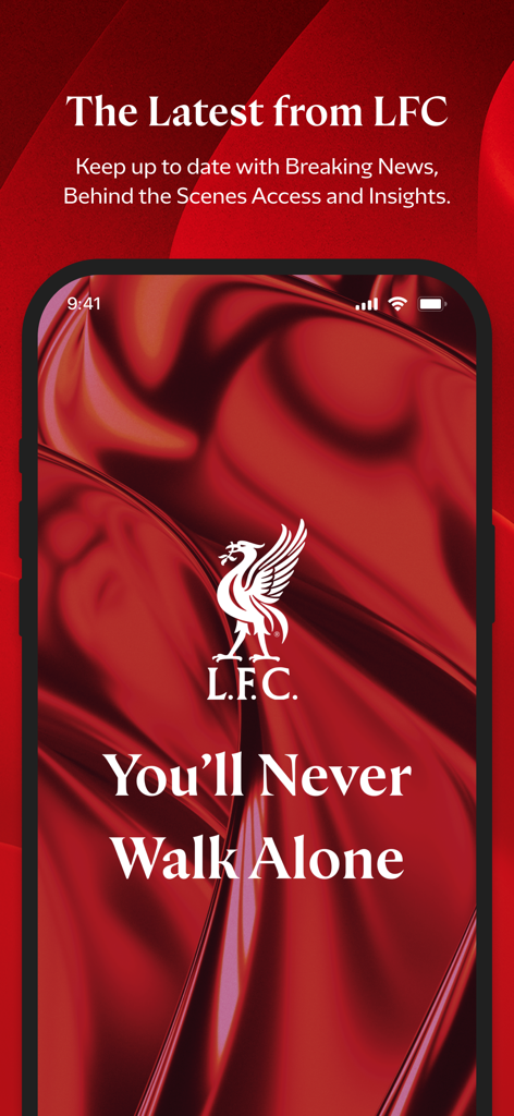 The Official Liverpool FC App - The Official Liverpool FC App welcome screen featuring the club crest and the motto You'll Never Walk Alone on a red background.
