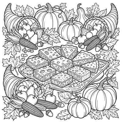 Indulge in the spirit of Thanksgiving with this delightful coloring page featuring a platter of tempting bar cookies amidst a rich harvest display. Perfect for adding your personal touch to festive autumn scenes.
