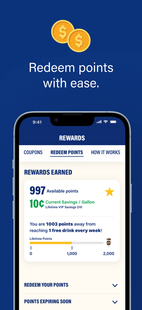 RaceTrac - RaceTrac mobile app rewards screen displaying available points and fuel discounts.