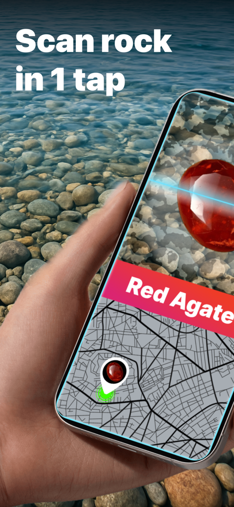 Rock Identifier: Stone ID AI - A person using the Rock Identifier app to scan a red agate stone and view its location on a map