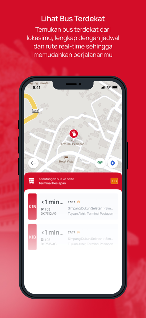 Mapa de rastreamento de ônibus em tempo real no aplicativo Trans Metro Dewata mostrando horários de chegada de ônibus no Terminal Pesiapan em Bali