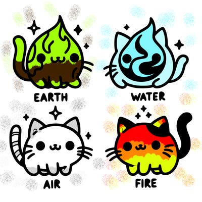 4 cats that represent the different elements, earth, water, air, and fire