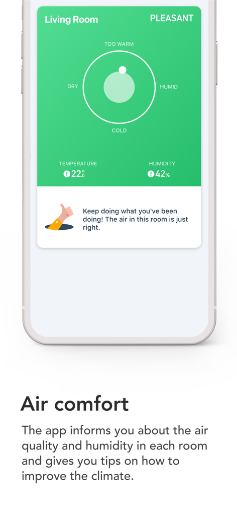 Capture d'écran de l'application Tado affichant le confort de l'air du salon avec les données de température et d'humidité.