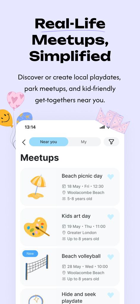 Kidbridge - Interface of the Kidbridge app showing a list of local playdates and meetups for parents and children.