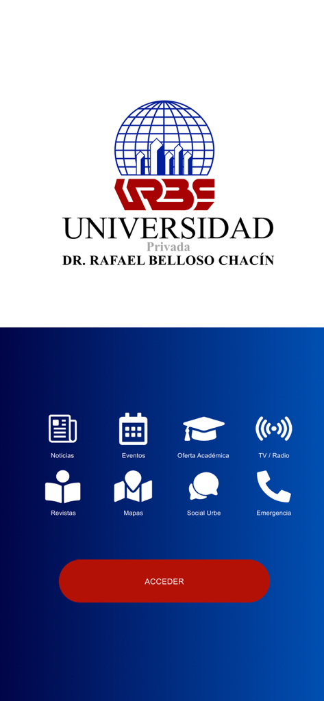 Pantalla de inicio de la aplicación móvil URBE con el logo de la universidad e íconos de servicios estudiantiles como noticias, eventos y mapas.