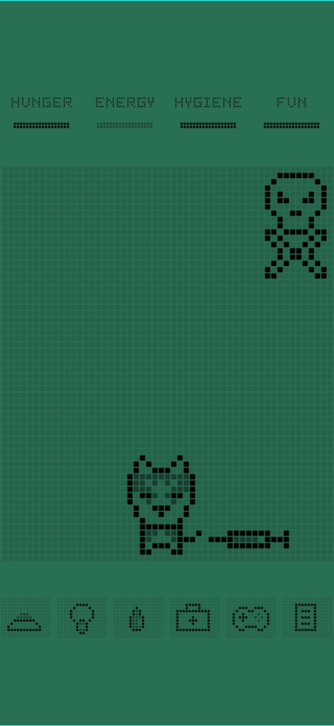 Retro pixel art screen from Dogotchi showing a sick virtual pet with health bars and care icons