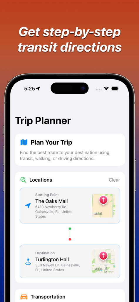 NaviGator for Gainesville RTS - Trip Planner screen in the NaviGator app showing transit directions from The Oaks Mall to Turlington Hall in Gainesville