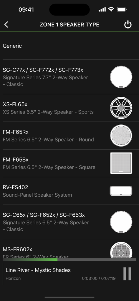 Fusion Audio - Interface de l'application Fusion Audio affichant la sélection des types de haut-parleurs marins pour la configuration de la zone 1