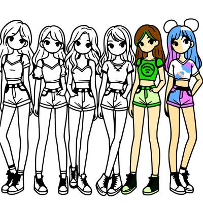 a group of girls wearing crop tops and shorts