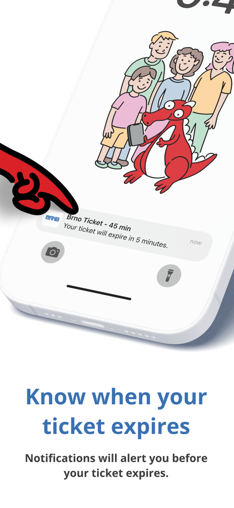 DPMBinfo - Smartphone lock screen showing a notification that a Brno public transport ticket will expire in 5 minutes