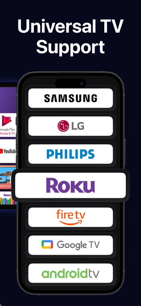 Remote Control TV: Universal - Interfaz de la aplicación de control remoto universal para TV que enumera marcas compatibles como Samsung LG Roku y FireTV