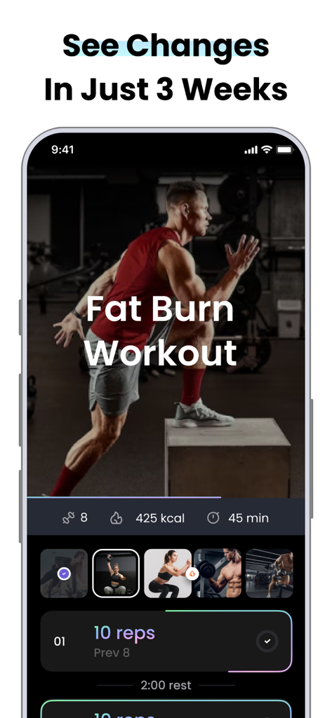 A smartphone display showing the Fitonist app fat burn workout screen with exercise videos and rep tracking.