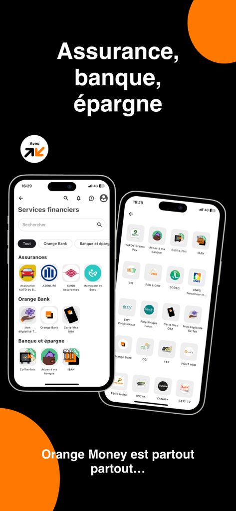 Écrans de l'application Orange Max it montrant les services bancaires financiers et d'assurance