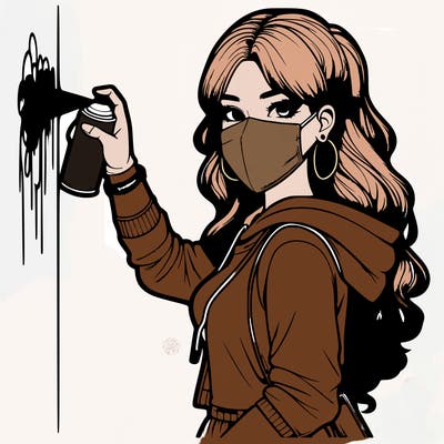 realistic girl with mask spray painting a wall