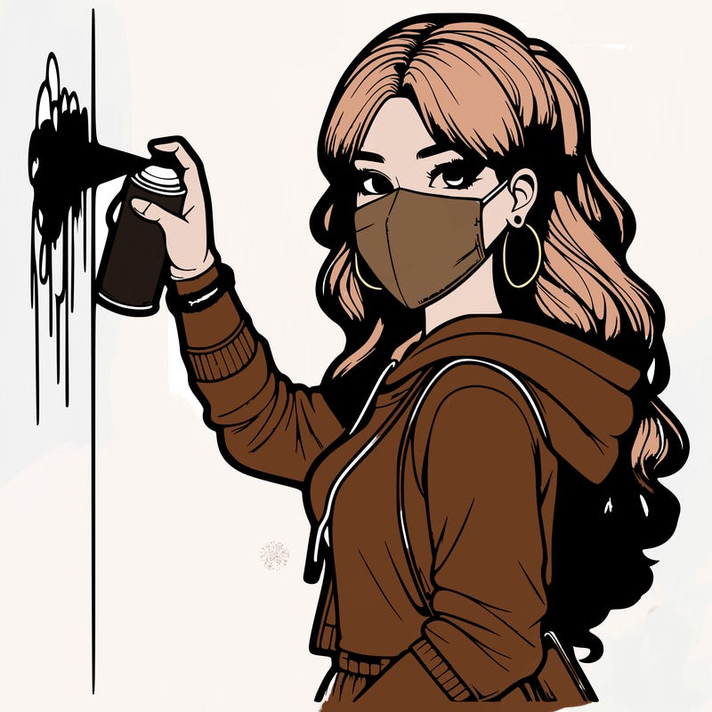 realistic girl with mask spray painting a wall