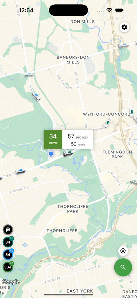 Bus is Coming - Vue de la carte en temps réel de l'application Bus is Coming montrant les emplacements des bus en direct avec les données de vitesse et de fraîcheur GPS à Toronto