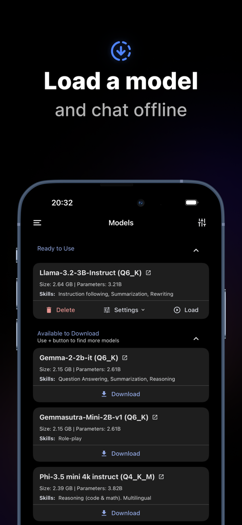 PocketPal AI - PocketPal AIアプリの画面。オフラインチャット用のLlamaやGemmaのようなダウンロード可能なローカルモデルのリストが表示されています。