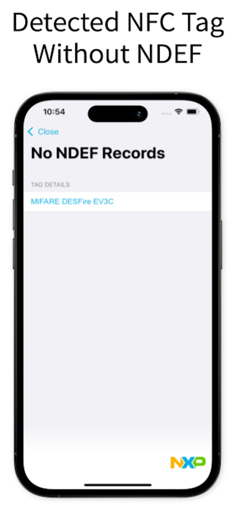NFC TagInfo app displaying detection of a MIFARE DESFire EV3C tag without NDEF records