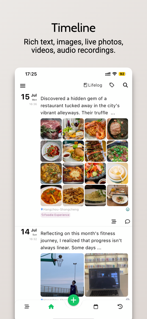 Lifelog Note - Interfaz de aplicación móvil de Lifelog Note que muestra una línea de tiempo cronológica privada con entradas de diario que contienen texto y una cuadrícula de fotos de estilo de vida.