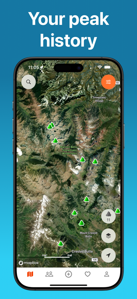 Peakery - A satellite map displaying climbed mountain peaks marked with green icons in the Peakery app.