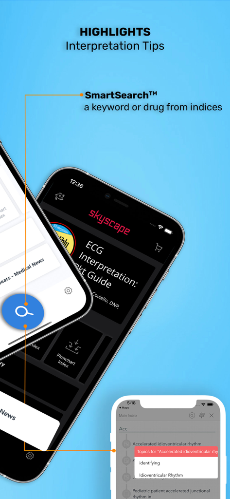 ECG Interpretation: Pkt Guide - Mobile application interface of ECG Interpretation Pocket Guide featuring SmartSearch for medical keywords.