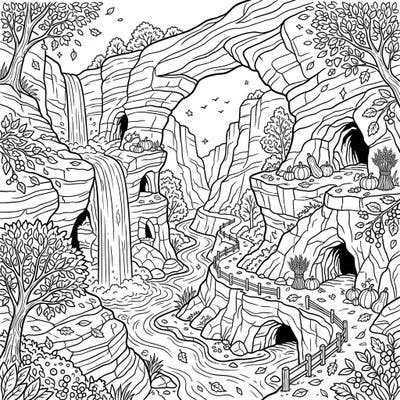 Capture the breathtaking beauty of autumn with this intricate coloring page featuring majestic limestone canyons. Discover hidden caves, roaring waterfalls, and charming harvest decorations waiting for your creative touch.