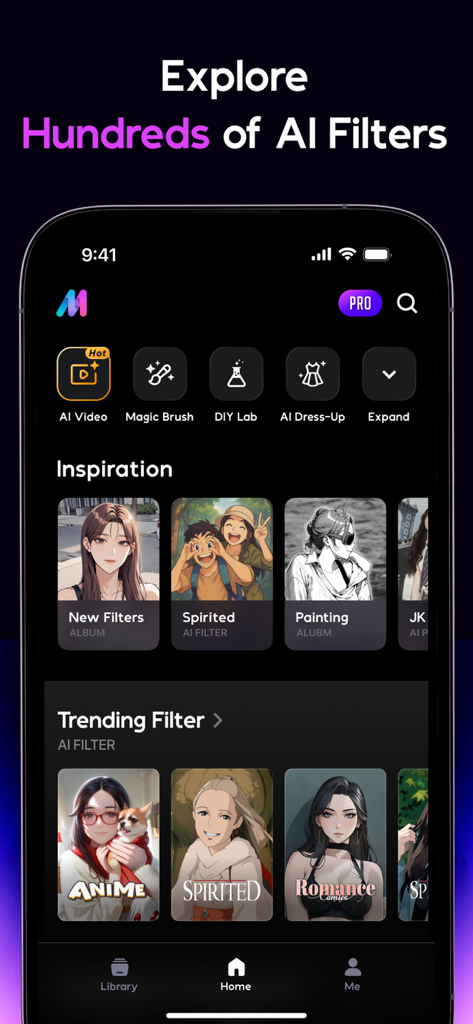 Interface do aplicativo AI Mirror mostrando vários filtros de IA e ferramentas criativas, incluindo estilos de anime e pintura