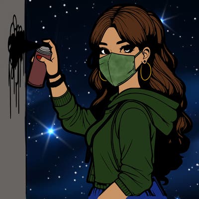 realistic girl with mask spray painting a wall