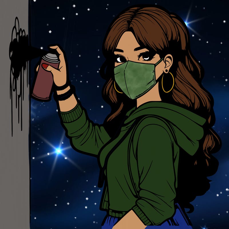 realistic girl with mask spray painting a wall