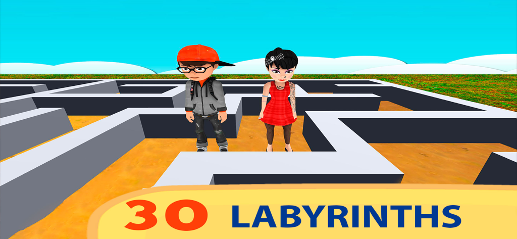 Two 3D characters standing in a grey walled labyrinth maze