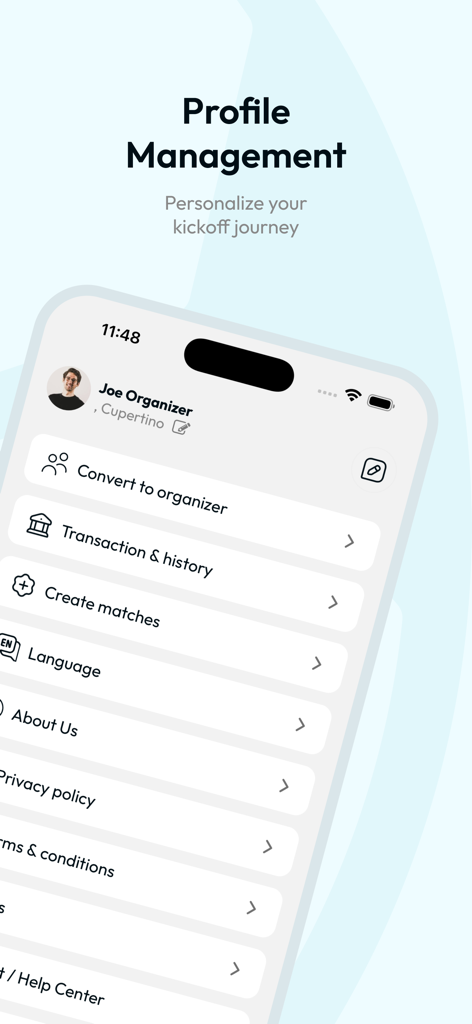 Kickoff-football - ユーザープロフィールの管理と設定オプションを表示するKickoff-footballアプリのモバイルインターフェイス
