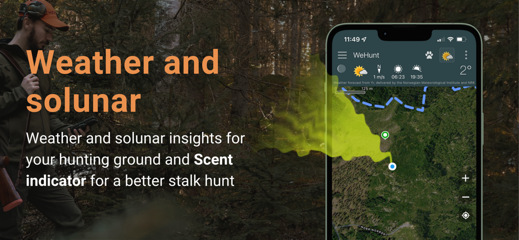 WeHunt - WeHunt app interface displaying weather solunar data and scent indicator on a hunting map