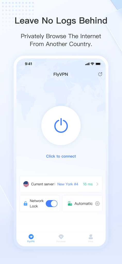 FlyVPN app interface featuring a one-tap connection button and privacy browsing options