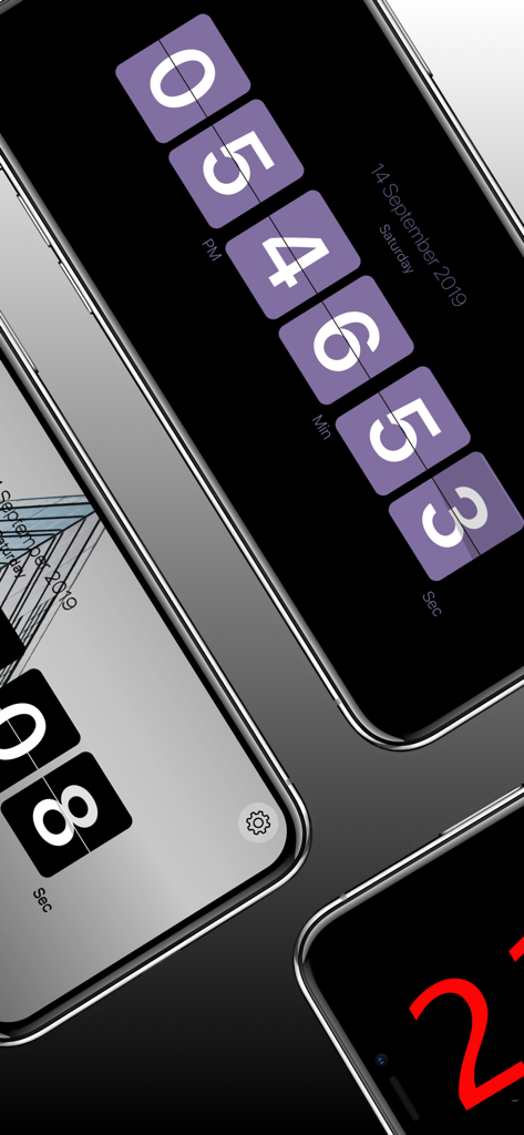 Flip Clock - Digital Clock - A collection of iPhones showing different minimalist and colorful flip clock themes
