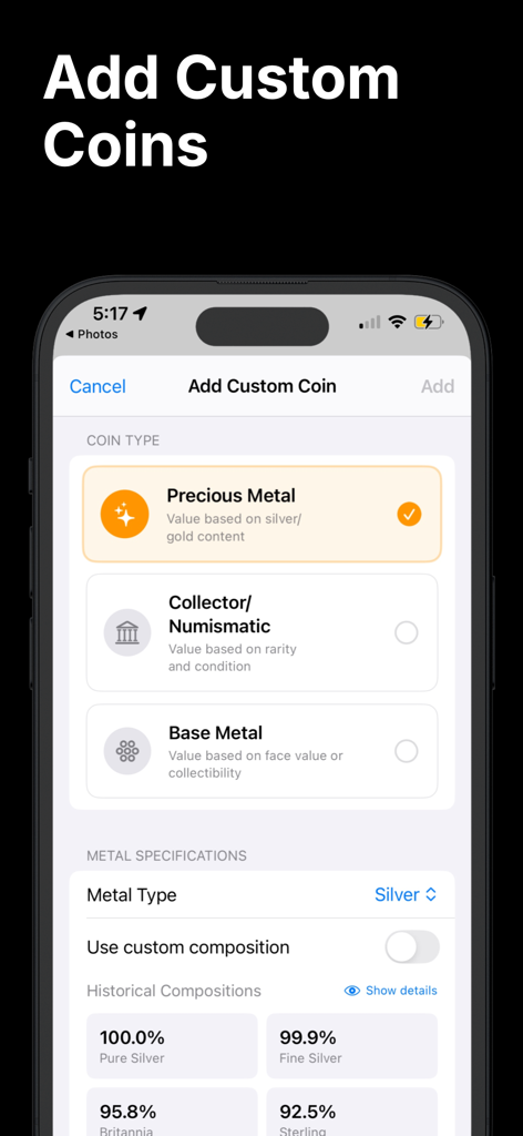 Coin Value Identifier - Interfaccia dell'app Identificatore Valore Monete per aggiungere monete personalizzate e selezionare le composizioni dei metalli