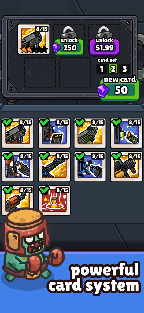 Undead Shooter: Idle Highway - Sistema de cartas de armas de Undead Shooter Idle Highway para mejoras de potencia