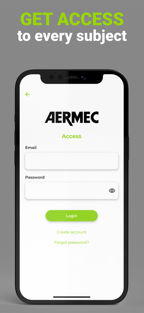 Aermec mobile app login screen for HVAC professionals to access technical documentation