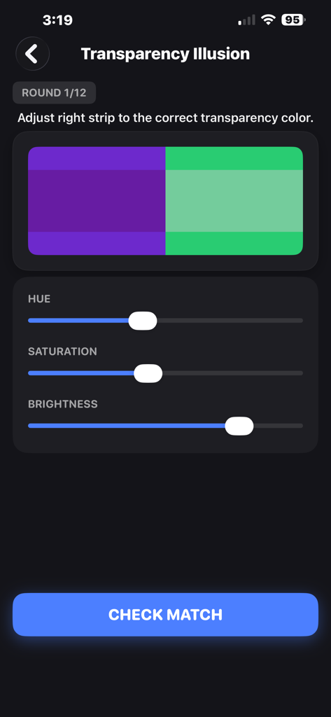 Interface of Color Theory Studio app showing a transparency illusion interactive challenge with hue saturation and brightness sliders