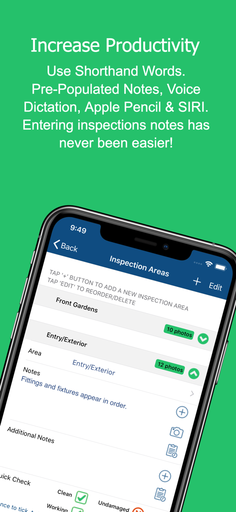 Property Inspection Manager - Mobile interface of the Property Inspection Manager app showing inspection notes and quick check features