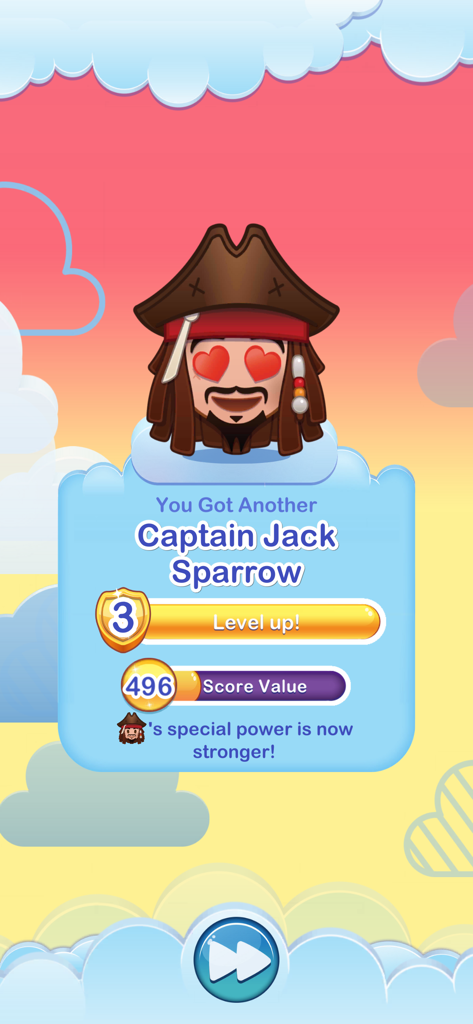 Captain Jack Sparrow emoji leveling up to level 3 in Disney Emoji Blitz game