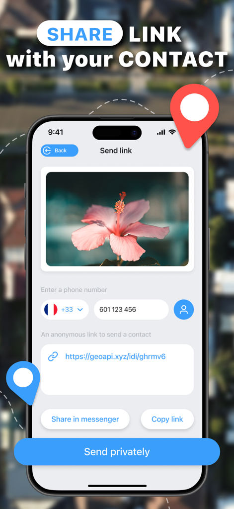Interfaz de la aplicación Encuentra a mi Familia mostrando cómo compartir un enlace de rastreo de ubicación con un contacto usando un número de teléfono.