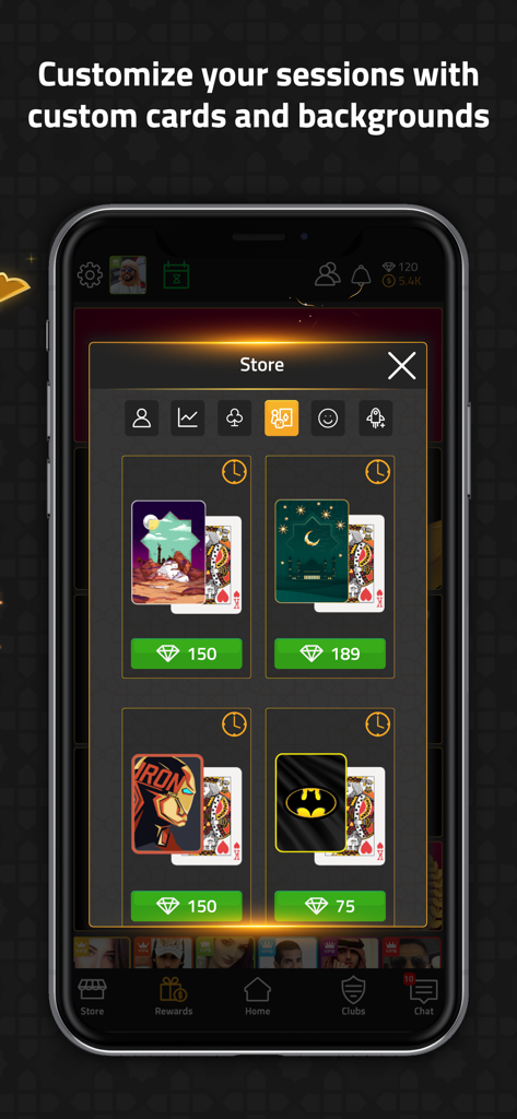 VIP Jalsat | Tarneeb & Trix - Store interface in the VIP Jalsat app showing custom card designs and backgrounds for purchase